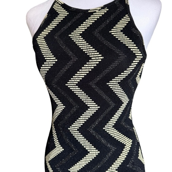 Lovely Day Black Cream Zigzag Print Sparkle Metallic Halter Midi Dress Size S - Picture 8 of 17